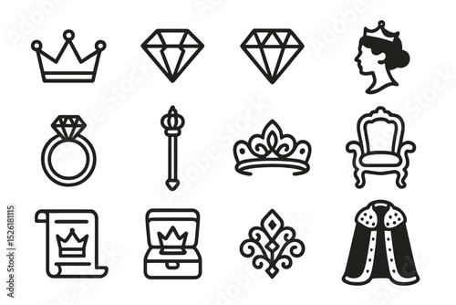 Royal symbols collection: crowns, diamonds, and thrones on gold background