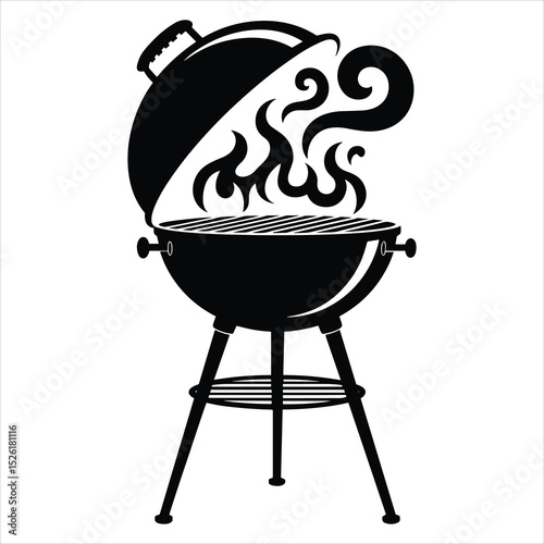 A clean, high-contrast black silhouette vector of a classic BBQ grill with three legs, a domed lid slightly open