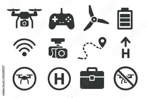 Drone icons: controller, propeller, battery, wifi, camera, location, landing, no fly zone