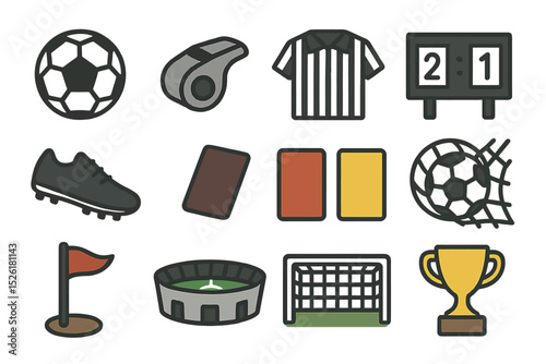 Soccer icons: ball, whistle, jerseys, scoreboard, cards, trophy, and equipment