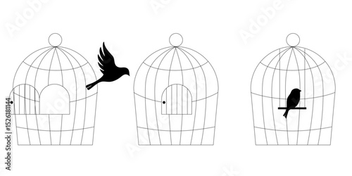 Doodle line art illustration of bird cages set hand drawn sketch collection of metal cages for birds different shapes and sizes vector pet house decor