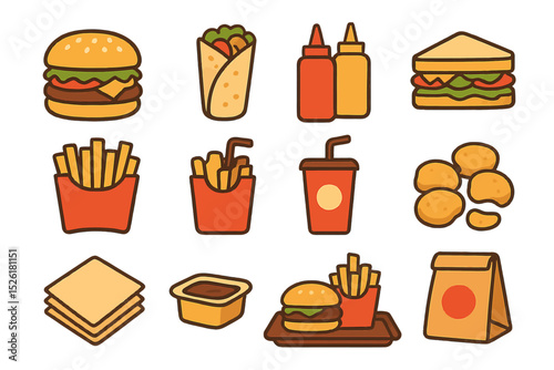 Colorful fast food icons: burgers, sandwiches, fries, drinks, and sauces
