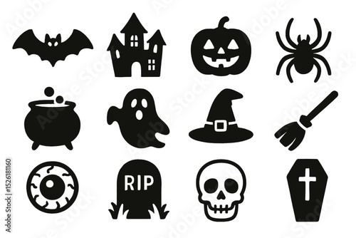 Set of spooky halloween icons: bat, pumpkin, ghost, and more on yellow background