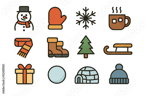 Winter icons set: snowman, mittens, snowflake, hot drink, scarf, boots, tree, sled, gift, snowball, igloo, hat
