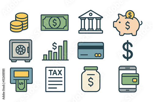 Financial icons: currency, banking, savings, credit, and tax symbols