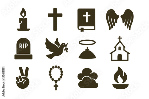 Religious symbols collection: candle, cross, bible, dove, wings, halo, church icons