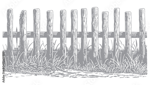 Detailed illustration of a weathered wooden fence in a rural setting.