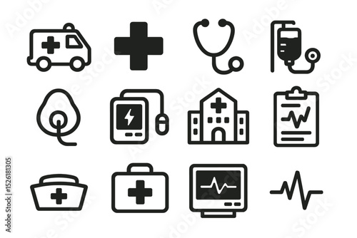 Healthcare icons: hospital, medical devices, emergency and monitoring symbols