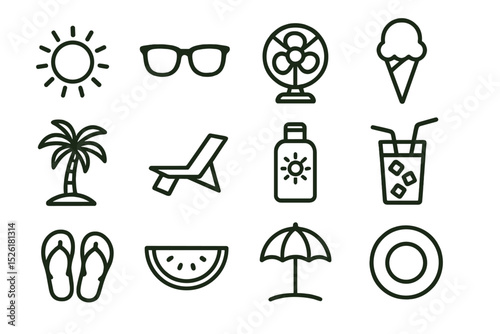 Summer symbols: sunglasses, ice cream, beach chair, and more in icon set