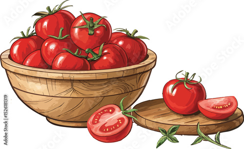 Tomato Illustration vector design, Tomatoes in bowl, Tomato in bowl and tomato slice in white background