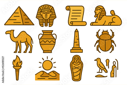 Ancient egyptian symbols: pyramid, sphinx, scroll, camel, sarcophagus, torch, hieroglyphs