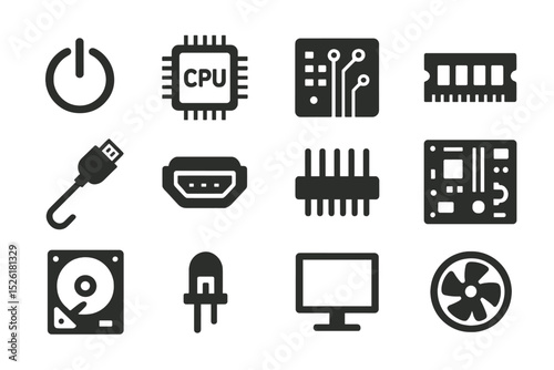 Tech icons set: power, cpu, circuit, connector, ram, usb, hdmi, chip, motherboard, hard drive, led, monitor, fan
