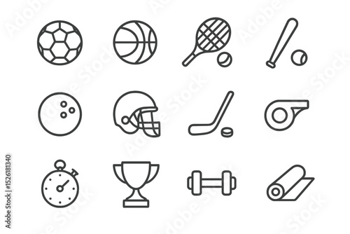 Set of twelve iconic sports equipment illustrations on dark background