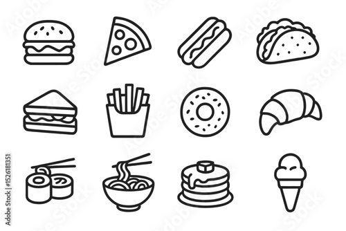 Assorted icon set of popular fast foods on dark background
