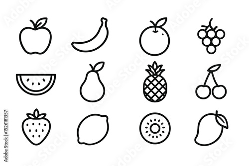 Simple black outlined fruit icons including apple, banana, grape, and more