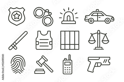 Law enforcement icons: badge, handcuffs, siren, police car, baton, vest, jail, scales, fingerprint, gavel, radio, pistol