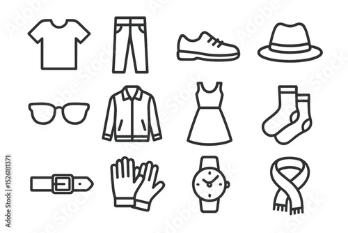 Fashion icon set: apparel and accessories - clothing, shoes, accessories, hat, glasses, watch