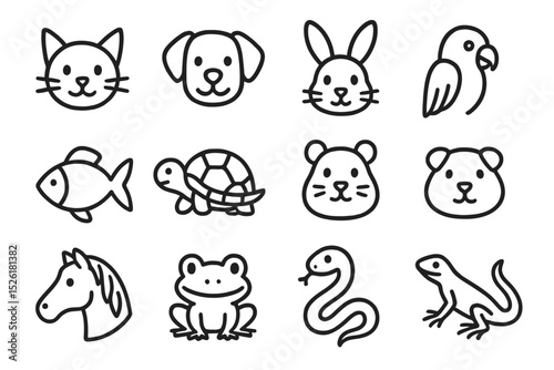Black and white animal icon set featuring cat, dog, bunny, parrot, fish, turtle