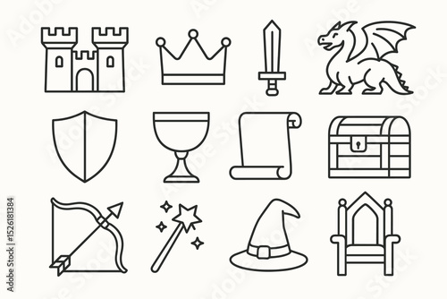 Medieval icon set featuring castle, crown, sword, and dragon