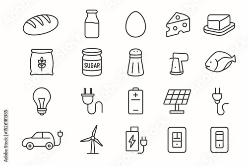 Outline icons of food ingredients and energy symbols