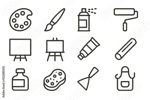 Art supplies icons: palette, brush, canvas, paint tube, roller, apron