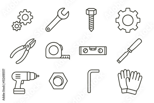 Outlined hand tools and hardware icons on a metallic background