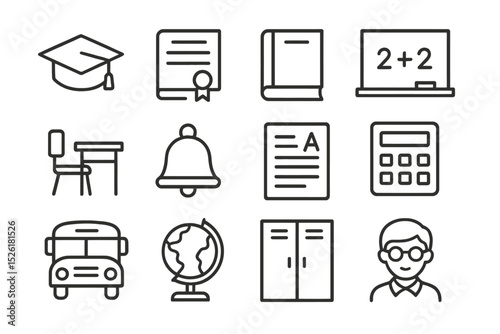 Education symbols and icons: graduation, learning, academics, school subjects, classroom essentials