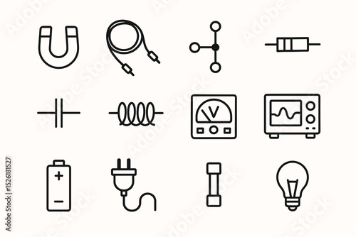 Simple electrical symbols: magnet, cables, circuit components, gauge, bulb icon set