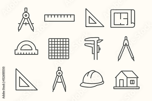 Technical drawing tools and drafting instruments set for architecture and engineering