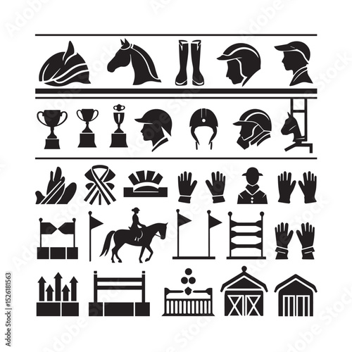 Equestrian sport icons black silhouette set