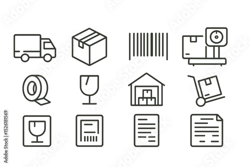 Logistics icon set with truck, boxes, barcode, and warehouse symbols