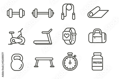 Fitness equipment icons: dumbbells, jump rope, yoga mat, treadmill, kettlebell, stopwatch