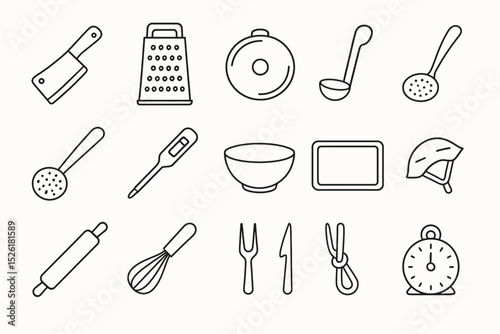 Line art kitchen utensils: grater, cleaver, pot, ladle, timer, whisk, fork