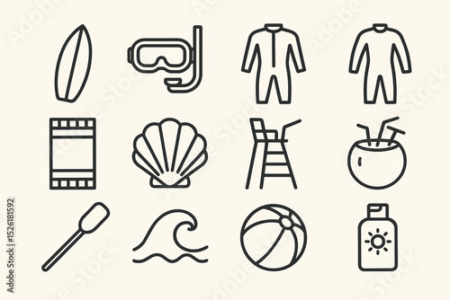 Beach equipment icons: surfboard, snorkel, wetsuit, film, shell, lifeguard, coconut, paddle
