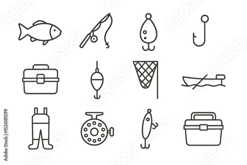 Fishing gear icons: fish, rod, hook, tackle box, bobber, net