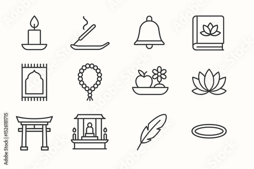 Minimalist spiritual icons: candle, incense, meditation bell, sacred text, prayer mat, rosary, fruit offering, lotus, torii gate, shrine, feather, halo