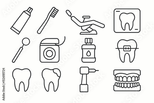 Dental care icons set: toothbrush, toothpaste, dental chair, teeth