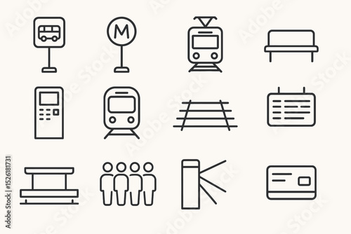 Public transportation icons: bus, train, ticket, and more