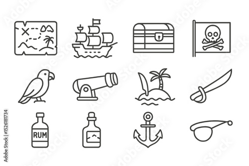 Pirate icons: map, ship, treasure chest, flag, parrot, cannon, island, sword, rum, anchor, eyepatch