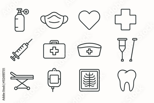 Medical icons set: mask, heart, cross, syringe, first aid, crutches, stretcher, x-ray, tooth