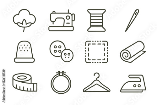 Sewing tools icons: needle, thread, sewing machine, fabric roll, buttons, thimble, tape