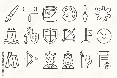 Medieval and art icons set featuring knights, shields, and paint tools