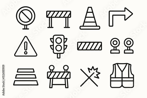 Traffic and road safety icons: cones, signs, barriers, and more symbols