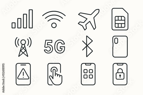 Mobile communication icons: signal, wifi, bluetooth, airplane mode, sim, 5g, lock