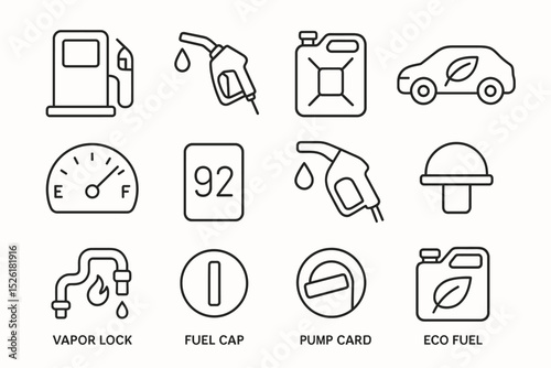 Fuel icons: gas pump, eco fuel, vapor lock, fuel cap, pump card