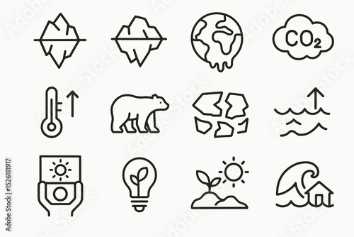 Climate change icons highlighting global warming and environmental impact symbols