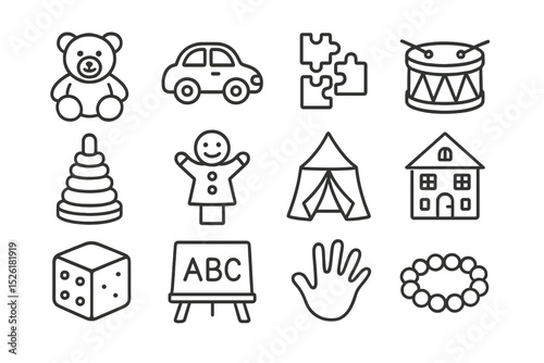 Collection of children's toys and educational icons on dark background