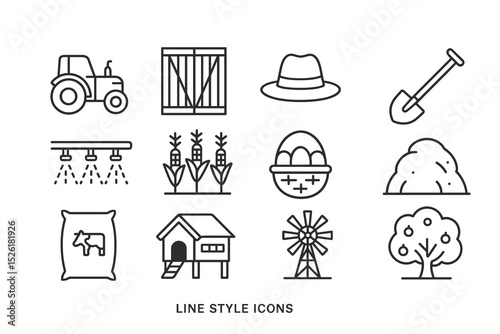 Farm equipment and produce line icons: tractor, barn, hat, shovel, irrigation, crops, eggs, fertilizer, shed, windmill, tree