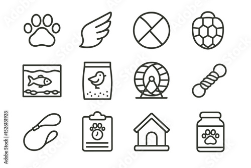Pet care icons collection: paw print, wing, fish tank, bird feed, exercise wheel, dog house