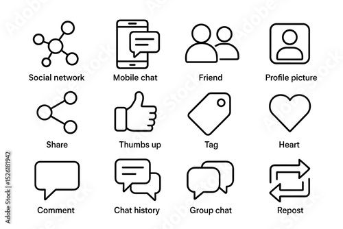 Social media icons set: chat, network, friends, comments, repost, tag, heart, thumbs up
